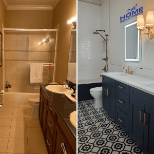 Updated bathroom renovation featuring navy blue vanity, patterned tile flooring, modern lighting, sleek mirror with LED backlight, brand new shower with brass fixtures, and contemporary design by Days Home Solutions. Refurbished bathroom with dark wood vanity and modern fixtures, stylish tile flooring, contemporary lighting, white walls, and updated shower area, showcasing home renovation by Days Home Solutions.