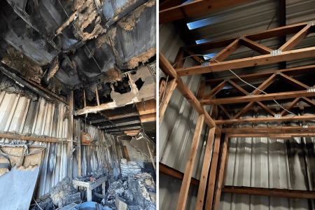 Framing and reconstruction of a metal storage building, showing before and after renovation, emphasizing home repair, remodeling, and professional construction services by Days Home Solutions.