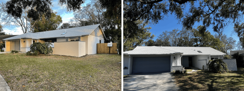 - Bright and inviting home exterior with updated roofing and exterior paint, highlighting the quality of home remodeling and renovation solutions provided by Days Home Solutions. - A renovated modern house with a fresh coat of white paint, new roof, and a clean landscape, showcasing professional home transformation services by Days Home Solutions.