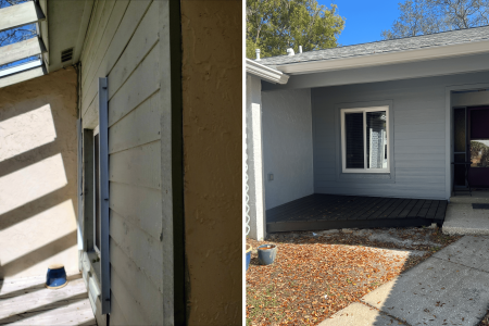A before-and-after comparison of home exterior improvements, showcasing upgraded porch and siding services by Days Home Solutions. Updated front porch renovation and painting services at Days Home Solutions for enhanced curb appeal and craftsmanship.