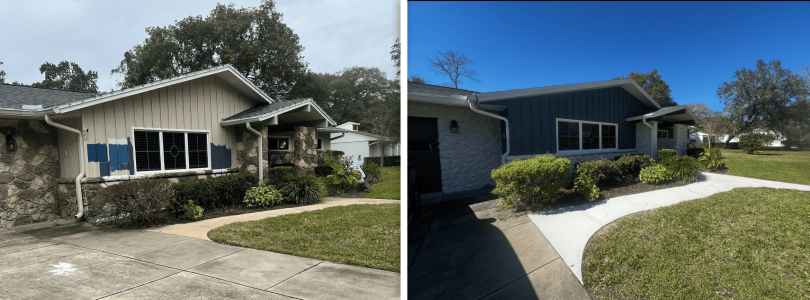 A before-and-after comparison of a house renovation by Days Home Solutions, highlighting the stunning exterior upgrade with new blue siding, stone accents, and enhanced landscaping to improve curb appeal and property value. Search optimized for home improvements, house makeovers, exterior renovation, and property enhancement. New home exterior renovation transformation blue siding and stone accents Days Home Solutions modern home makeover exterior, showcasing updated paint, landscaping, and curb appeal SEO keywords: home renovation, exterior upgrade, home transformation.