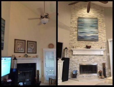 Modern living room fireplace makeover featuring stone veneer and a stylish white mantel, enhancing home interior with a warm, elegant aesthetic. Beautiful living room transformation showcasing updated fireplace designs with stone veneer and elegant mantels for a modern, cozy home upgrade.