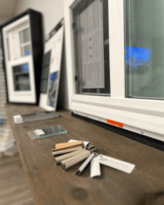 High-quality window and door samples displayed by Days Home Solutions, featuring various styles and colors for custom home upgrades and window replacement projects. White window and door color samples on a table at Days Home Solutions, showcasing options for home improvement and window installation services.